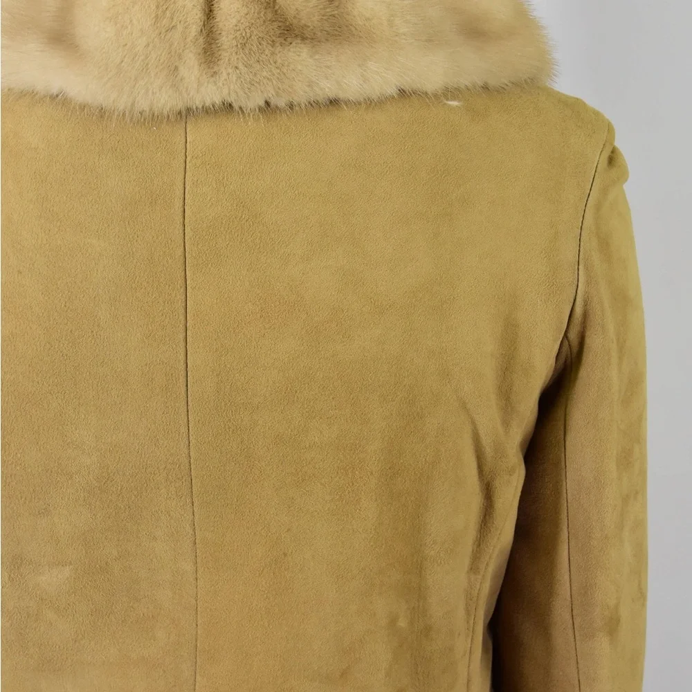 Stunning! 50s Vintage Fitted Coat Rubbed Suede Princess Coat Mink Fur Collar S - Picture 5 of 7